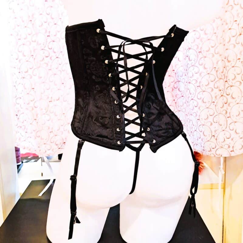 Bustino nero broccato con ganci e stringature - RossoLimone schiena